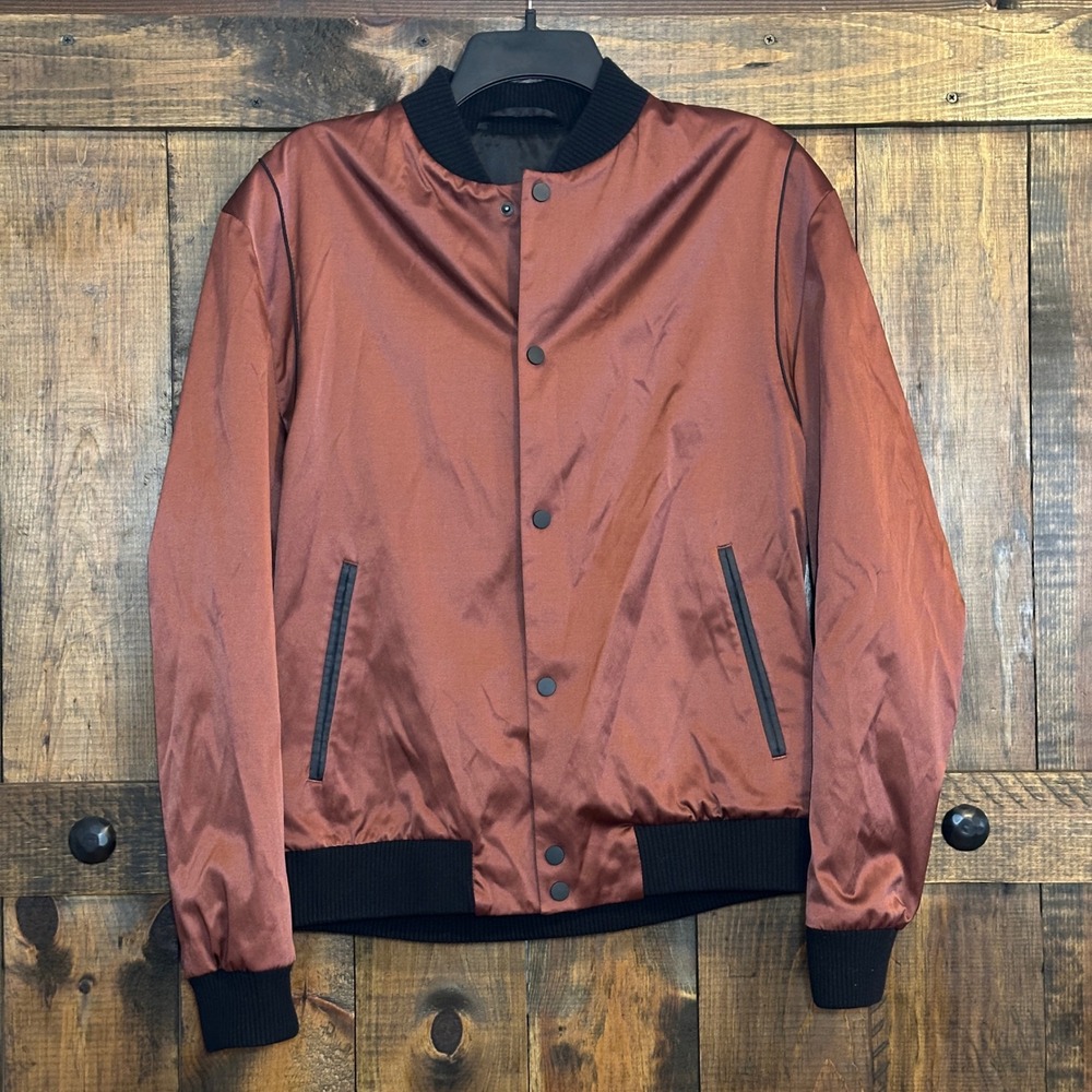 ZARA Men's Bomber Jacket Rust Satin Black Trim Ribbed Collar Cuffs Full Zip Sz L